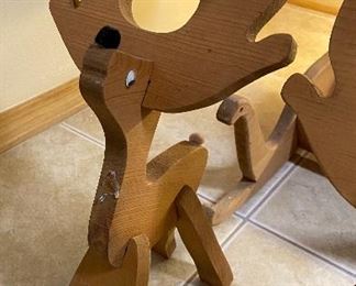 Hand Crafted Wooden Sleigh and Reindeer, Woven Basket