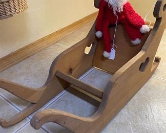 Hand Crafted Wooden Sleigh and Reindeer, Woven Basket, Santa