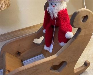 Hand Crafted Wooden Sleigh and Reindeer, Woven Basket, Santa