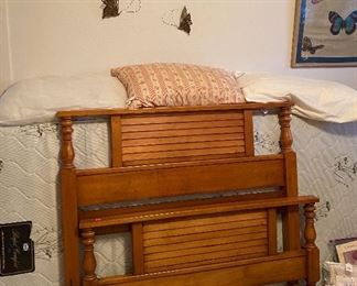 Rock Maple Headboard & Footboard Single Bed, Brass Butterfly Wall Decor, Trapunto Punch Hand Crafted Butterfly Embroidery, Throw Blanket, Pillows