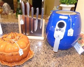 New Air Fryer, Temp-tations Pumpkin Tureen, Wolfgang Puck knife set (new, never used)