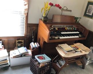 Organ with bench, sheet music, hymnals and more