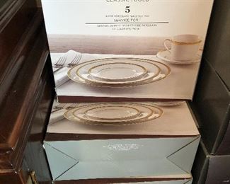 New in box Charter Club Classic Gold and Fine Line Platinum china sets from Macy's