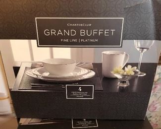 New in box Charter Club Classic Gold and Fine Line Platinum china sets from Macy's