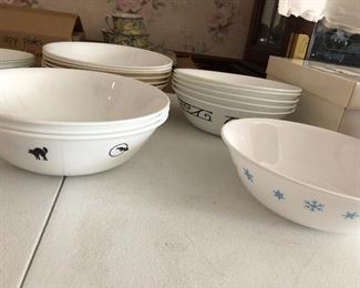 corelle large pasta / serving bowls in several different patterns including halloween, black rim