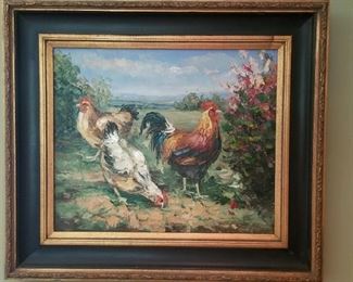 Framed Oil on Canvas Chickens Rooster