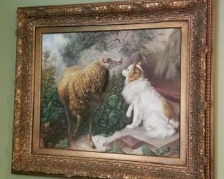 Framed Oil on Canvas Sheep Dog