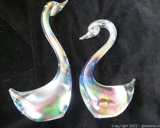 Two Iridescent Glass Swan Figurines