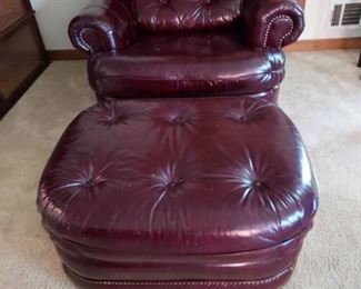 Nice Broyhill Burgundy Rolled Armed Leather Chair with Nailhead Trim and a Matching Ottoman