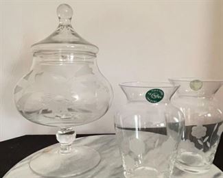 Etched Glass Candy Dish and Crystal Vases