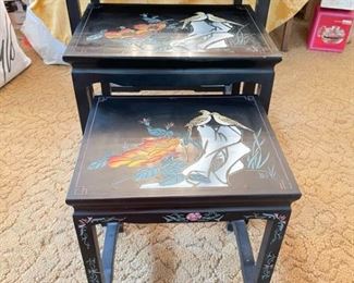 Oriental Black Wooden Carved Nesting Tables