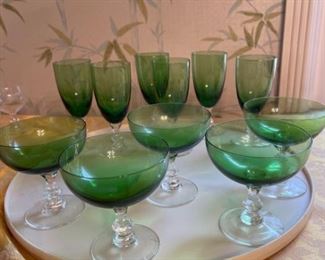 Vintage Green Crystal Glasses with Clear Stem