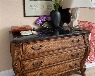 Rattan chest  with black marble veneer top