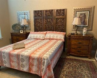 Schnadig nightstands, carved wood screen