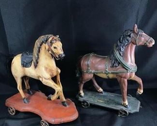 Set of 2 Large Rustic Pull Along Ride On Horse Replicas