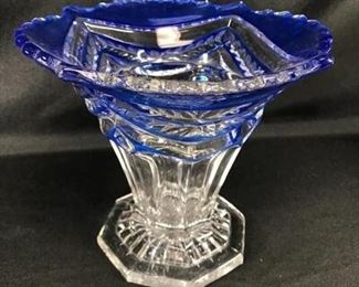 Cobalt Blue to Clear Etched Fluted Vase