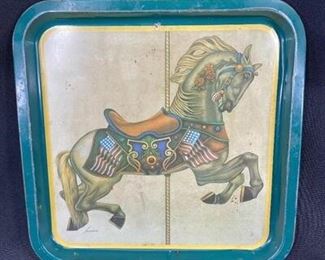 Vintage Square Carousel Horse Print Metal Tray