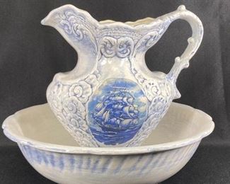 Large Nautical Theme White and Blue Wash Basin Bowl with Pitcher