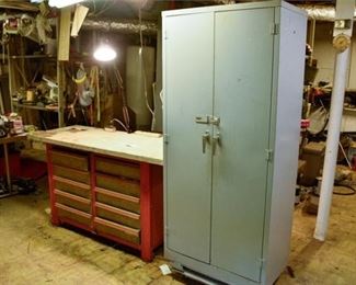 Work Bench and Metal Cabinet With Contents