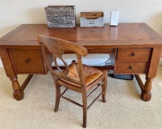 Brown desk with chair & rush seat 