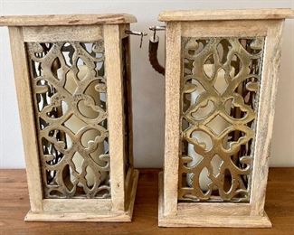 2 brass & wood lanterns 