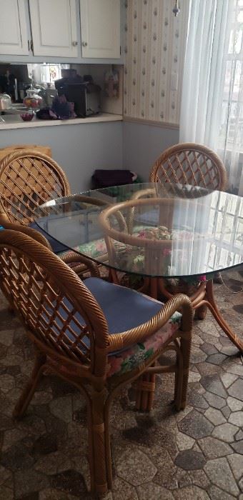 Glass and Rattan Table w/4 Chairs