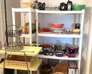 Metal cart, ceramic kitchen serving pieces. Most are new. 