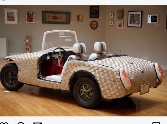 The "Woven Car" 60's model MG Midget turned into a piece of art. This car is available at the sale.  It is available at the sale in complete condition as shown, with original tires.  Look up Corian.com and Woven Car