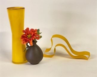 Interesting design trio with art glass tall yellow vase with red rim.  “Squiggle” original acrylic with yellow edge can stand on end or edge