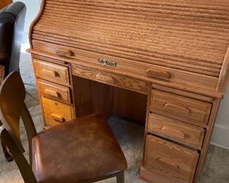 Solid Oak Roll Top Desk &  Chair