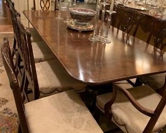 #7	Baker Dining Table w/double pedistal legs on Wheels w/3 leaves & 12 Chairs (with scalloped Nailheads)  w/pads   78-135x47x29 	 $2,500.00 
