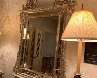#9	Chapman Buffet Lamps  Bronze & Glass 36" Tall - sold as a pair	 $200.00 
#10	WhiteGold Ornate  Rectangular Mirror 37x62	 $500.00 
