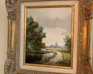 #39	Oil of Cottage along Lake in Heavy Gilded Frame  13x13 signed by B.H. Stotman	$125
