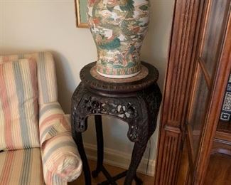 #65	Ginger Jar -  w/dragon on it - 20.5" Tall x 12" W	 $30.00 
#66	Wood Carved Fern Stand w/pink Marble Top  w/claw feet 16roundx36" Tall	 $130.00 
