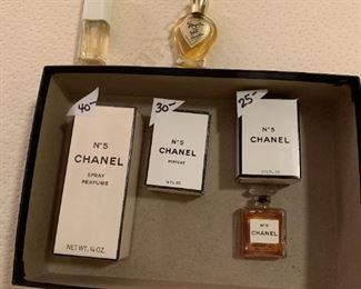 #129	Chanel No 5 (new in plastic wrap)	 $40.00 
#130	Chanel No. 5 - New In Bottle	 $30.00 
#131	Chanel No 5 - opened	 $25.00 
