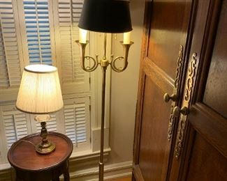 #128	Heavy Brass Floor Lamp w/double French Horn Pulls   58" Tall	 $75.00 
