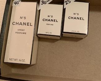 #129	Chanel No 5 (new in plastic wrap)	 $40.00 
#130	Chanel No. 5 - New In Bottle	 $30.00 
#131	Chanel No 5 - opened	 $25.00 

