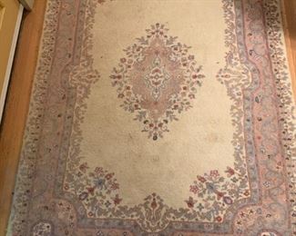 #139	cream pink blue with center medallion  hand -knotted rug 51x75 (front door )	 $75.00 
