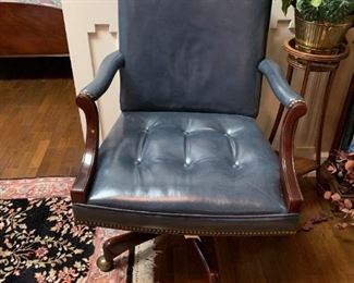 #163	Hickory Leather Blue Executive Chair w/nailheads (have to screw up to adjust)	 $125.00 
