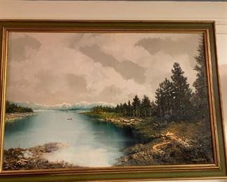 #173	Oil of Stream w/trees (downstairs fireplace) Signed  40x27	 $300.00 
