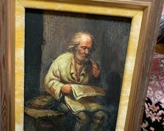 #189	Oil of Man w/pipe reading book -Signed  Nicolos 16x19	 $100.00 
