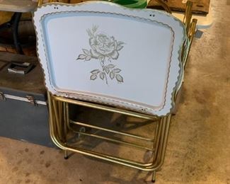 #214	Vintage Metal 4  TV Trays on a Stand  - White w/gold Rose	 $40.00 
