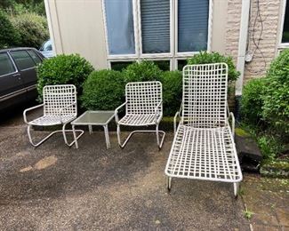 #260 chase lounge $75                                                                  #261 (2) springing chairs $45 ea                                                           #264 square glass top patio table $20