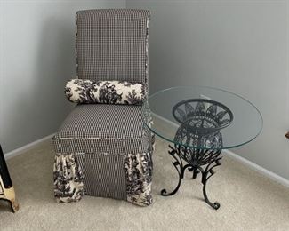 Black and White Gingham & Toile Parsons Chair, Black Metal Table with Glass Top