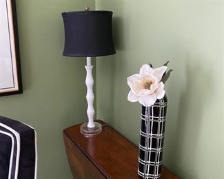 White Bamboo Lamp, Black and White Plaid Ceramic Vase. Table - NFS