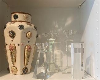 Lots of Glass Candleholders and Old Ceramics