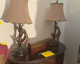 Pair of Beautiful Peacock Lamps and Nightstand