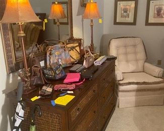 Dresser, Mirror, Pair of Monkey Lamps and purses