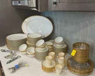 Set of Theo. Haviland China, Lenox Espresso C&S, Gold rimmed dessert set.