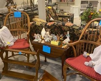 Oak Arm Chairs w/ Pads, Queen Anne Side Table and Wall Shelves